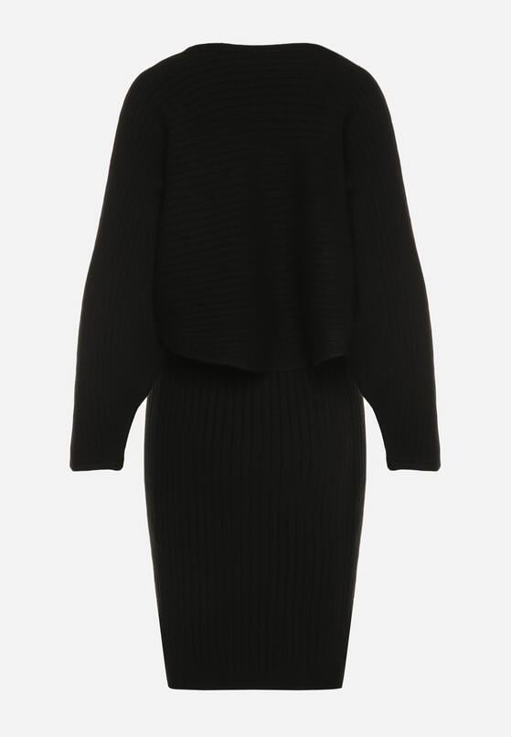 Czarny Dzianinowy Komplet Prążkowany Sukienka i Sweter o Kroju Nietoperz Wederela 7