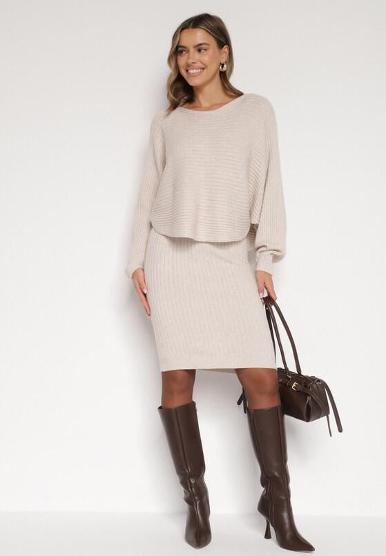 Ciemnobeżowy Dzianinowy Komplet Prążkowany Sukienka i Sweter o Kroju Nietoperz Wederela 4