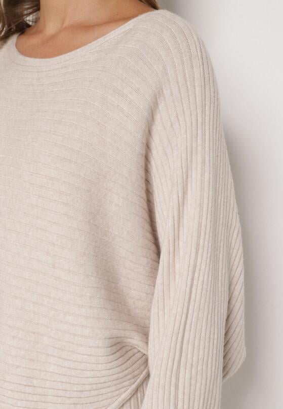 Ciemnobeżowy Dzianinowy Komplet Prążkowany Sukienka i Sweter o Kroju Nietoperz Wederela 5