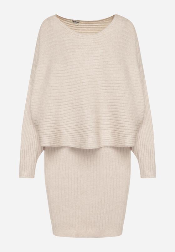 Ciemnobeżowy Dzianinowy Komplet Prążkowany Sukienka i Sweter o Kroju Nietoperz Wederela 6