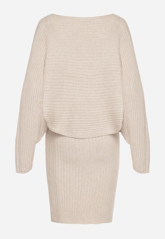 Ciemnobeżowy Dzianinowy Komplet Prążkowany Sukienka i Sweter o Kroju Nietoperz Wederela 7