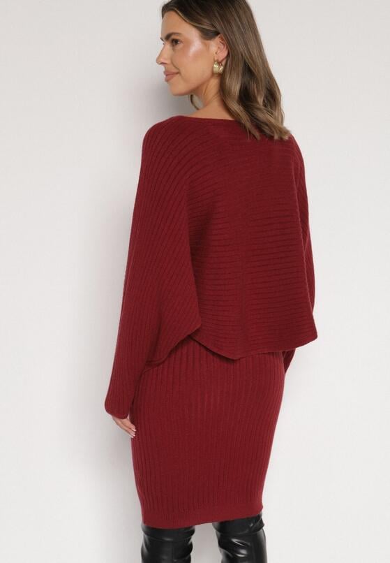 Czerwony Dzianinowy Komplet Prążkowany Sukienka i Sweter o Kroju Nietoperz Wederela 4