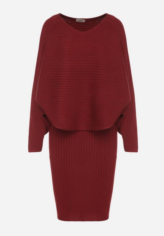 Czerwony Dzianinowy Komplet Prążkowany Sukienka i Sweter o Kroju Nietoperz Wederela 6