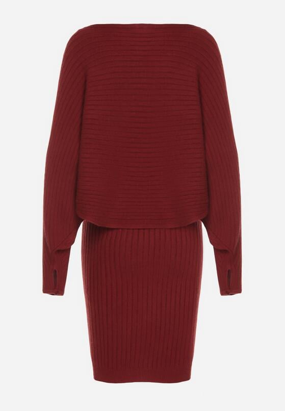 Czerwony Dzianinowy Komplet Prążkowany Sukienka i Sweter o Kroju Nietoperz Wederela 7