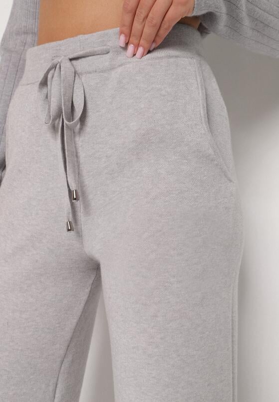 Szare Dzianinowe Spodnie o Szerokim Kroju ze Sznurkami Melatusa 5