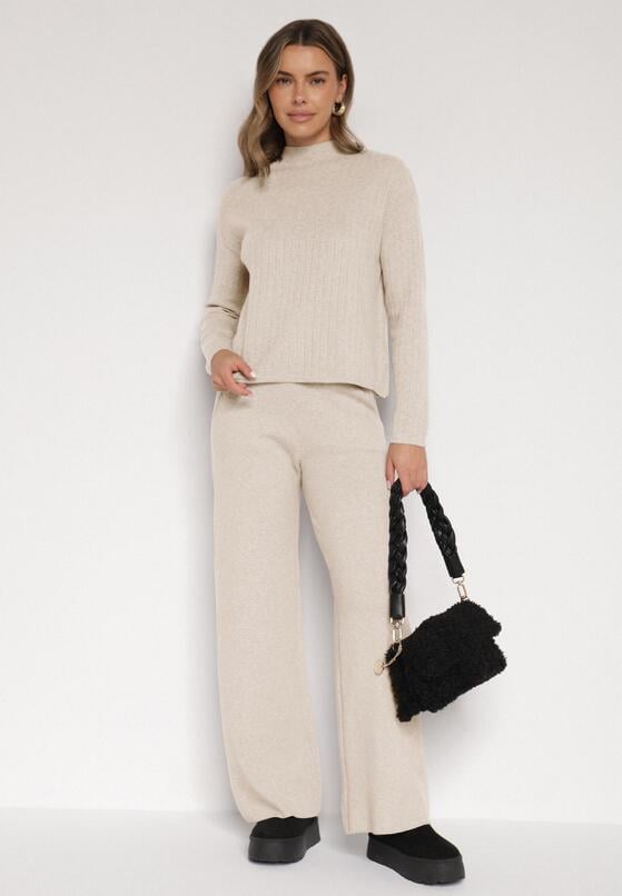 Jasnobeżowe Dzianinowe Spodnie o Szerokim Kroju ze Sznurkami Melatusa 2