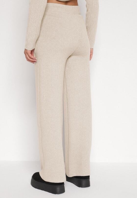 Jasnobeżowe Dzianinowe Spodnie o Szerokim Kroju ze Sznurkami Melatusa 3