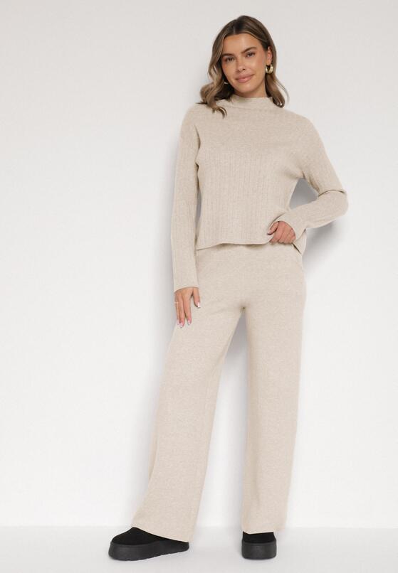 Jasnobeżowe Dzianinowe Spodnie o Szerokim Kroju ze Sznurkami Melatusa 4