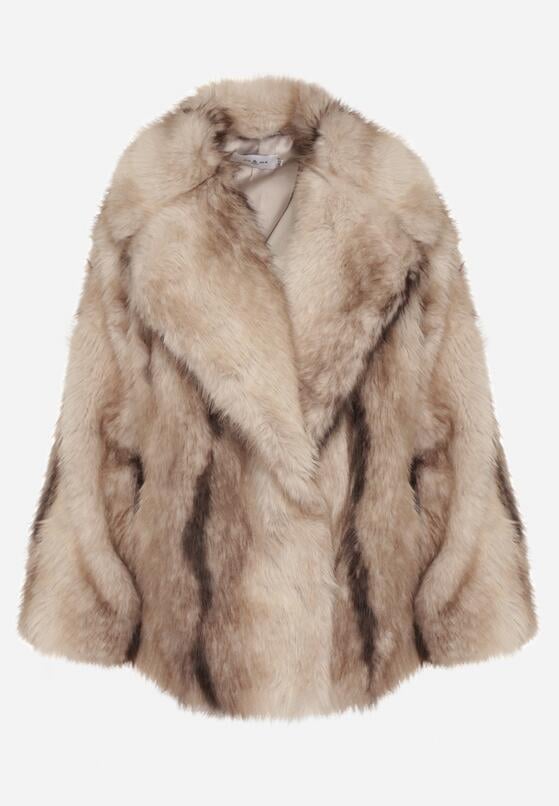 Beżowa Kurtka Futerko z Jednorzędowym Zapięciem i Szerokim Kołnierzem Tesella 6