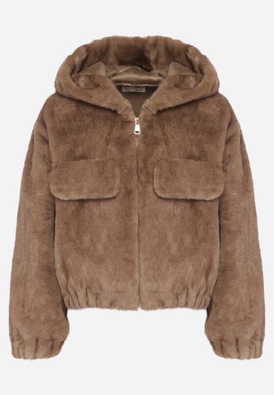 Jasnobrązowa Futrzana Kurtka Bomberka z Kapturem i Ozdobną Imitacją Kieszeni Awedalia 6