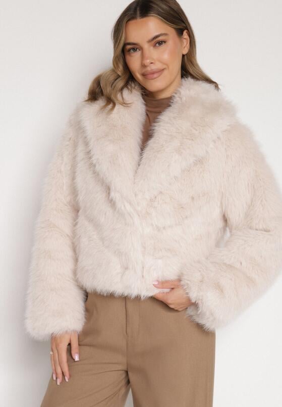 Beżowa Kurtka Futrzana z Ozdobnym Kołnierzem Wedoria 1