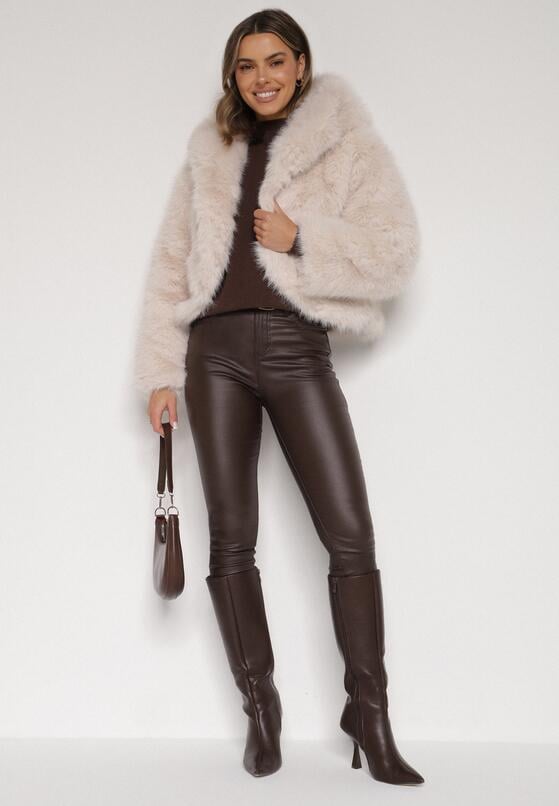 Beżowa Futrzana Kurtka z Nieodpinanym Kapturem Zetena 2