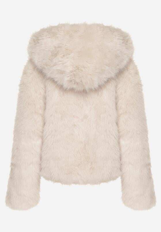 Beżowa Futrzana Kurtka z Nieodpinanym Kapturem Zetena 7