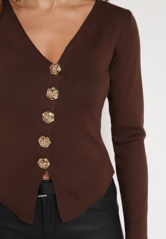 Brązowy Sweter z Wiskozą Ozdobiony Guzikami Zetisae 5