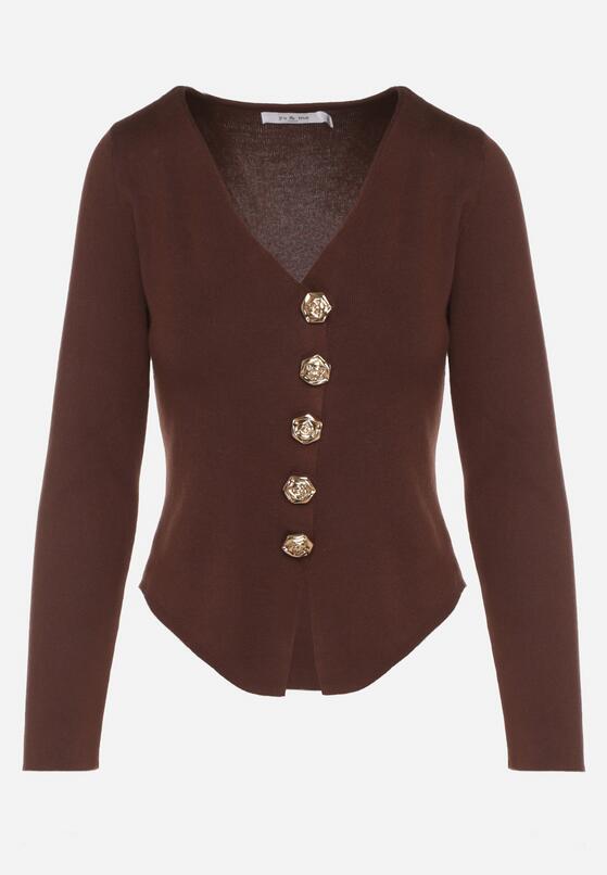 Brązowy Sweter z Wiskozą Ozdobiony Guzikami Zetisae 6