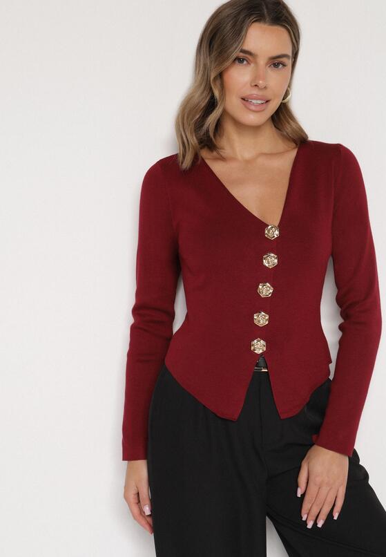 Bordowy Sweter z Wiskozą Ozdobiony Guzikami Zetisae 1