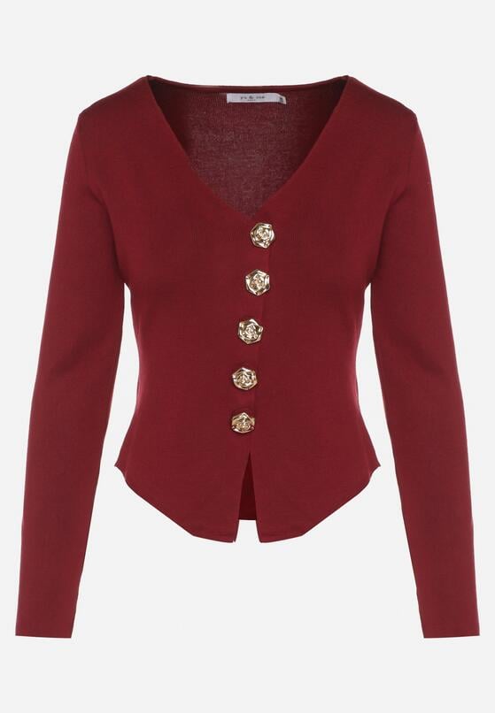 Bordowy Sweter z Wiskozą Ozdobiony Guzikami Zetisae 6