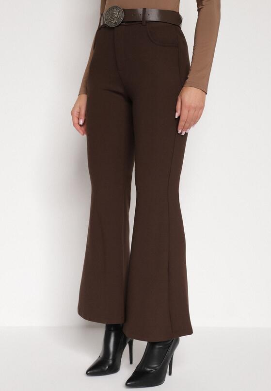 Brązowe Spodnie Dzwony z Bawełny i Wiskozy z Kowbojskim Paskiem Tushella 1