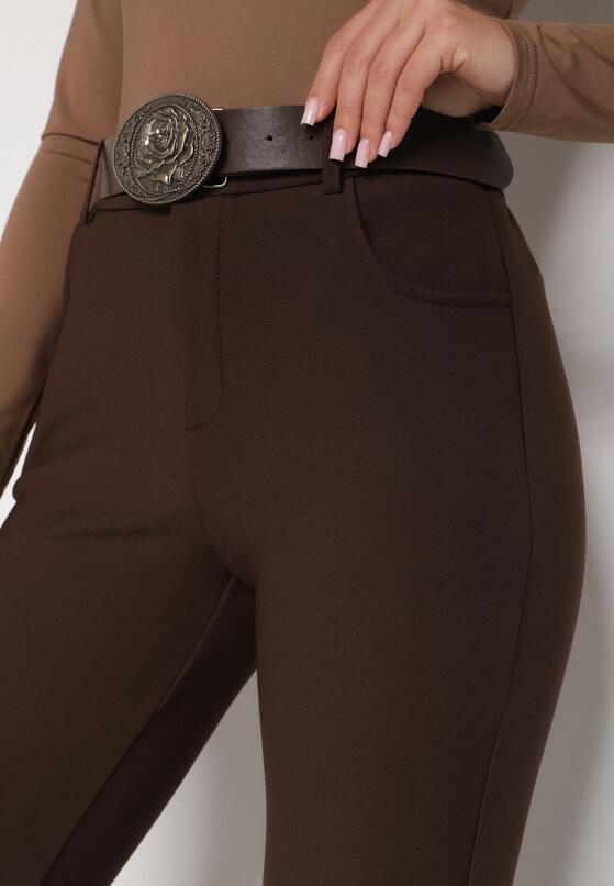 Brązowe Spodnie Dzwony z Bawełny i Wiskozy z Kowbojskim Paskiem Tushella 5