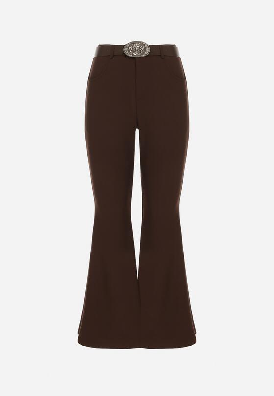 Brązowe Spodnie Dzwony z Bawełny i Wiskozy z Kowbojskim Paskiem Tushella 6