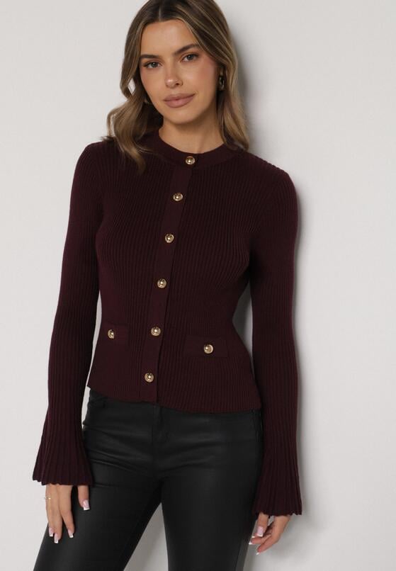 Bordowy Kardigan z Wiskozą Ozdobiony Rozszerzanymi Rękawami i Guzikami Tiolenda 1