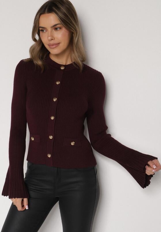 Bordowy Kardigan z Wiskozą Ozdobiony Rozszerzanymi Rękawami i Guzikami Tiolenda 2