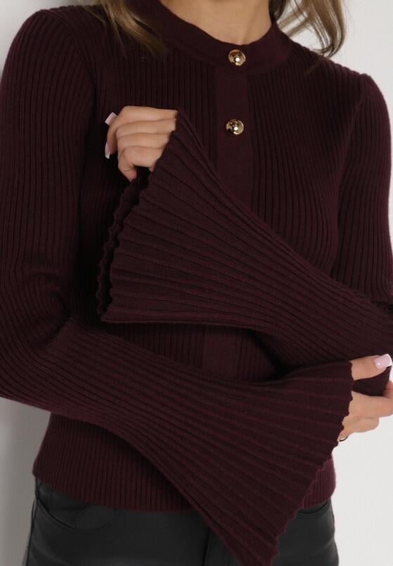 Bordowy Kardigan z Wiskozą Ozdobiony Rozszerzanymi Rękawami i Guzikami Tiolenda 5