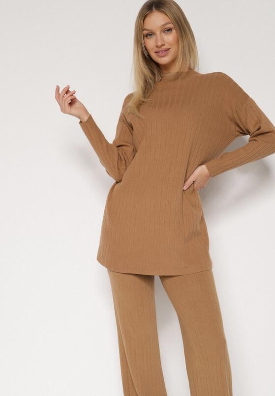 Brązowy Prążkowany Komplet Dzianinowy z Bawełną Sweter z Półgolfem i Spodnie Elweda 5