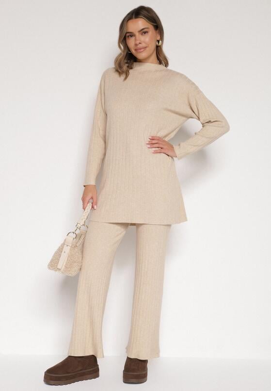 Beżowy Prążkowany Komplet Dzianinowy z Bawełną Sweter z Półgolfem i Spodnie Elweda 2