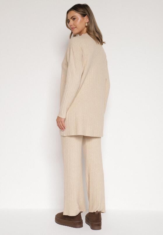 Beżowy Prążkowany Komplet Dzianinowy z Bawełną Sweter z Półgolfem i Spodnie Elweda 3