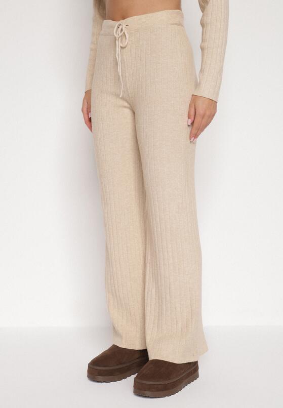 Beżowy Prążkowany Komplet Dzianinowy z Bawełną Sweter z Półgolfem i Spodnie Elweda 4