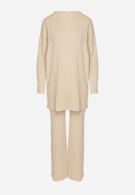 Beżowy Prążkowany Komplet Dzianinowy z Bawełną Sweter z Półgolfem i Spodnie Elweda 6