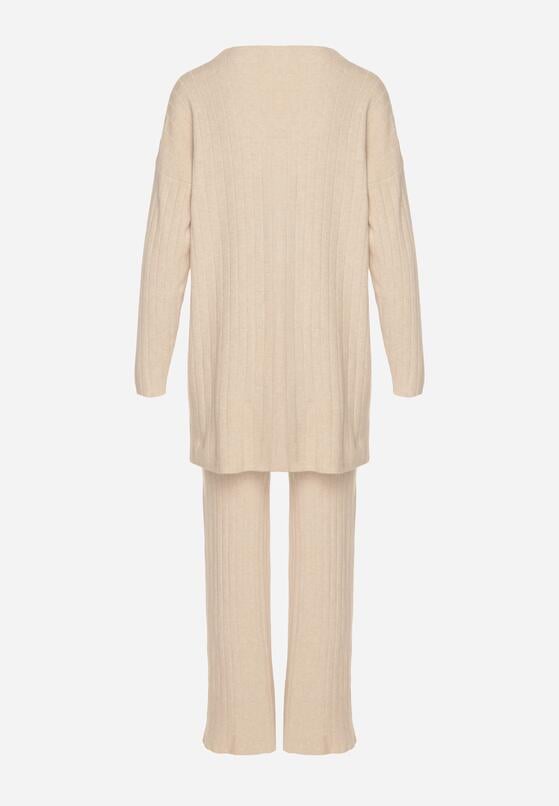 Beżowy Prążkowany Komplet Dzianinowy z Bawełną Sweter z Półgolfem i Spodnie Elweda 7