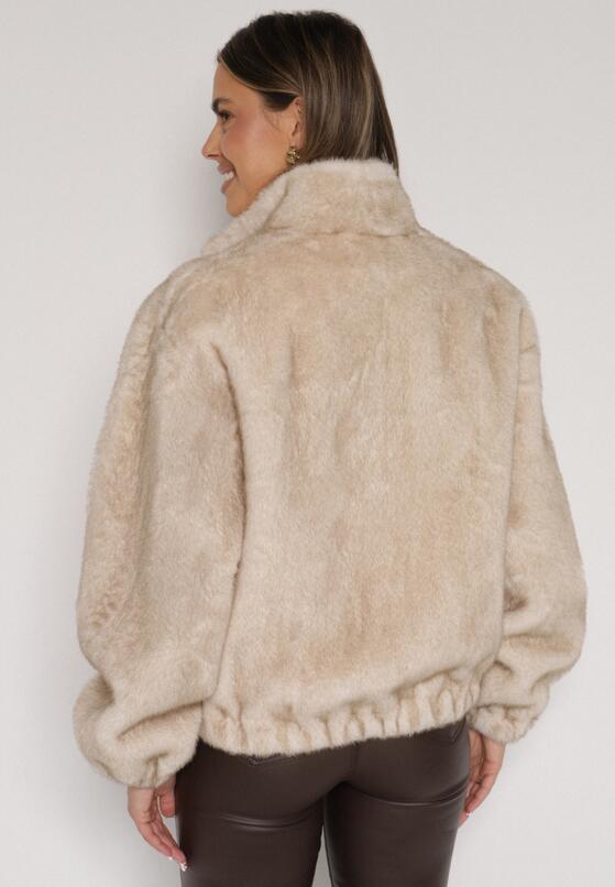 Beżowa Kurtka Futerko o Kroju Bomberki z Kieszeniami Tiwedara 3