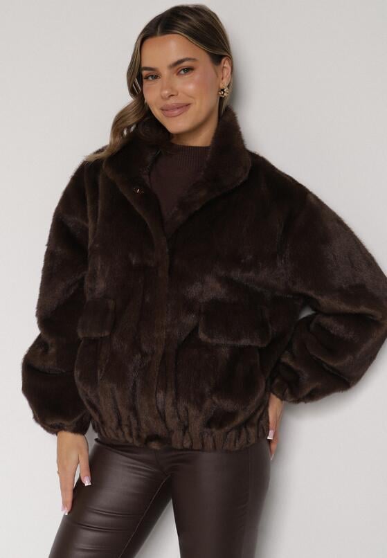 Brązowa Kurtka Futerko o Kroju Bomberki z Kieszeniami Tiwedara 1