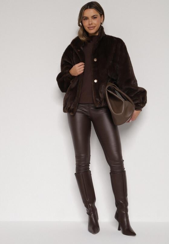 Brązowa Kurtka Futerko o Kroju Bomberki z Kieszeniami Tiwedara 2