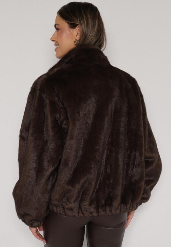 Brązowa Kurtka Futerko o Kroju Bomberki z Kieszeniami Tiwedara 3