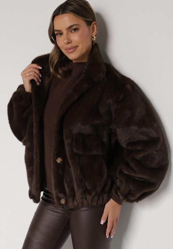 Brązowa Kurtka Futerko o Kroju Bomberki z Kieszeniami Tiwedara 4