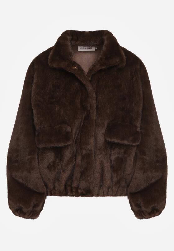 Brązowa Kurtka Futerko o Kroju Bomberki z Kieszeniami Tiwedara 6