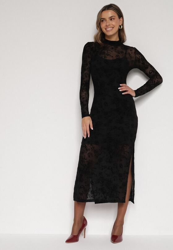 Czarna Dopasowana Sukienka z Dodatkiem Wiskozy i Welurowymi Kwiatami Vetielle 1