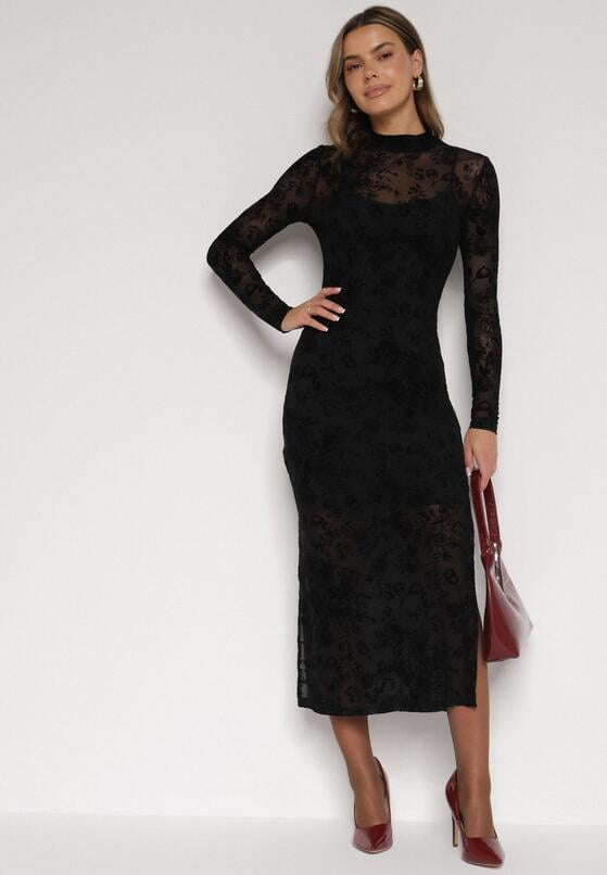Czarna Dopasowana Sukienka z Dodatkiem Wiskozy i Welurowymi Kwiatami Vetielle 2