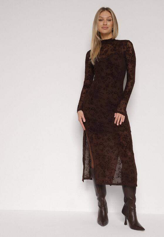 Brązowa Dopasowana Sukienka z Dodatkiem Wiskozy i Welurowymi Kwiatami Vetielle 1