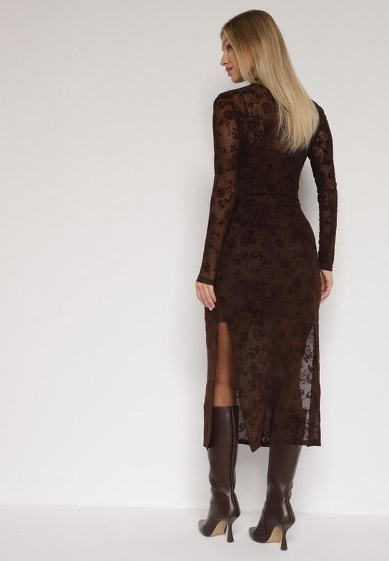 Brązowa Dopasowana Sukienka z Dodatkiem Wiskozy i Welurowymi Kwiatami Vetielle 3