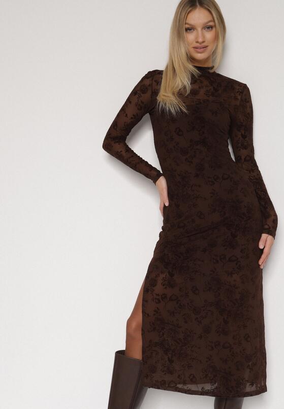 Brązowa Dopasowana Sukienka z Dodatkiem Wiskozy i Welurowymi Kwiatami Vetielle 4