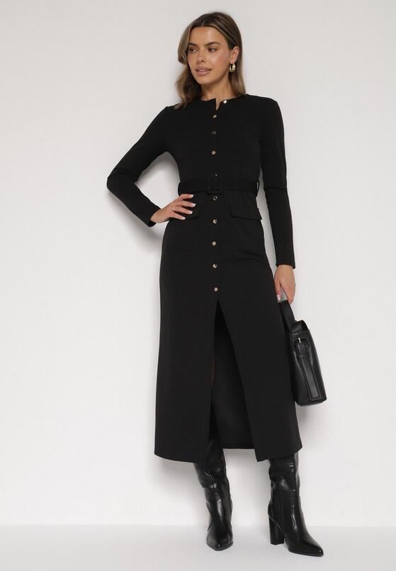 Czarna Sukienka Koszulowa z Wiskozą Guzikami i Paskiem Vetienne 2