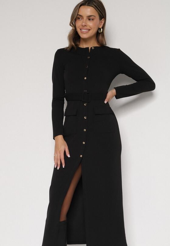 Czarna Sukienka Koszulowa z Wiskozą Guzikami i Paskiem Vetienne 4