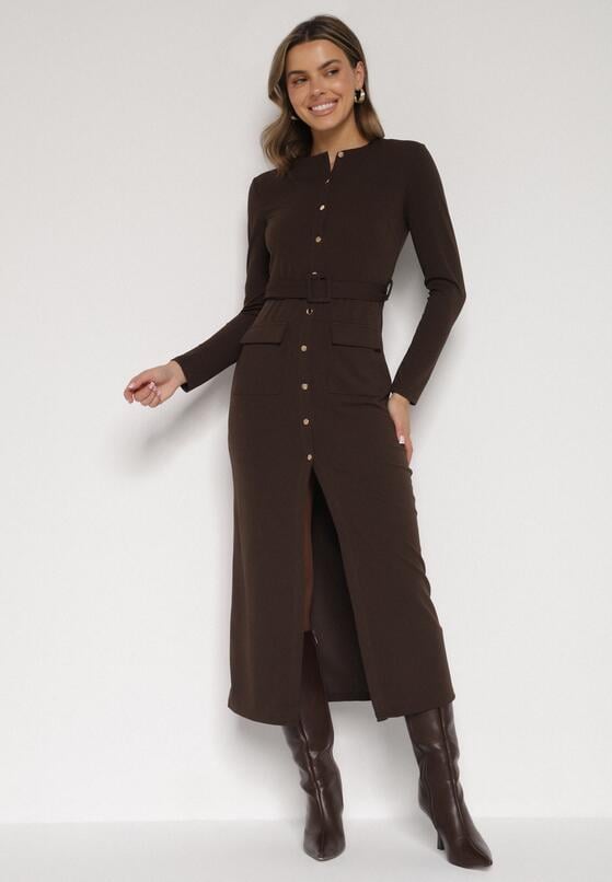 Brązowa Sukienka Koszulowa z Wiskozą Guzikami i Paskiem Vetienne 1