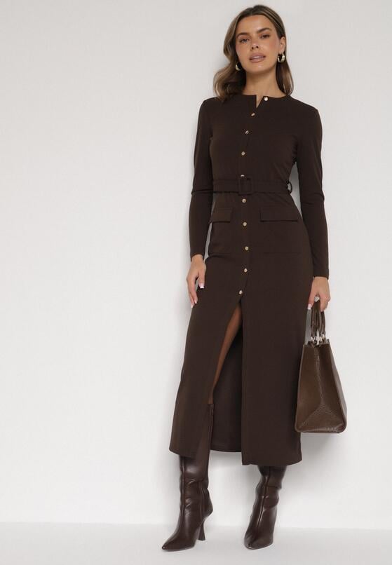 Brązowa Sukienka Koszulowa z Wiskozą Guzikami i Paskiem Vetienne 2