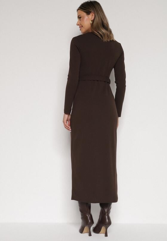 Brązowa Sukienka Koszulowa z Wiskozą Guzikami i Paskiem Vetienne 3