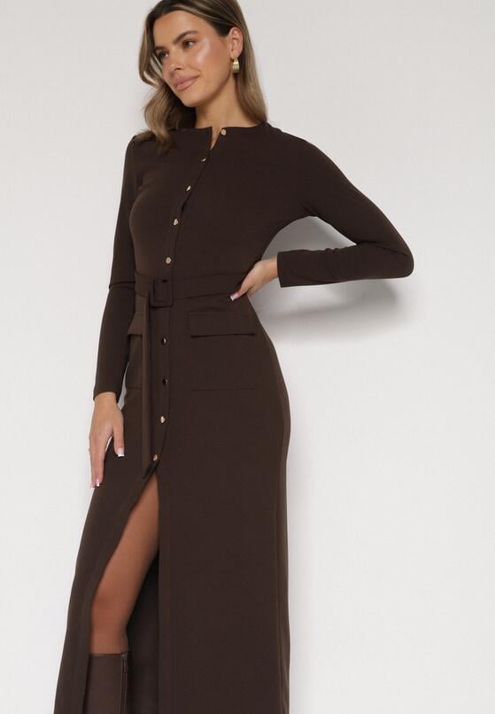 Brązowa Sukienka Koszulowa z Wiskozą Guzikami i Paskiem Vetienne 4